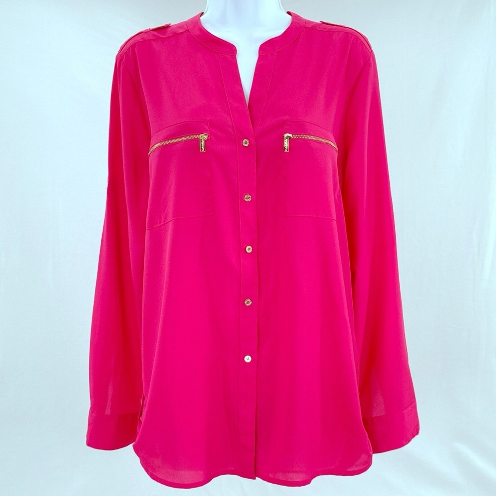 Calvin Klein Hot Pink Zip-Pocket Roll-Tab Sleeve Blouse | XL - Picture 2 of 10